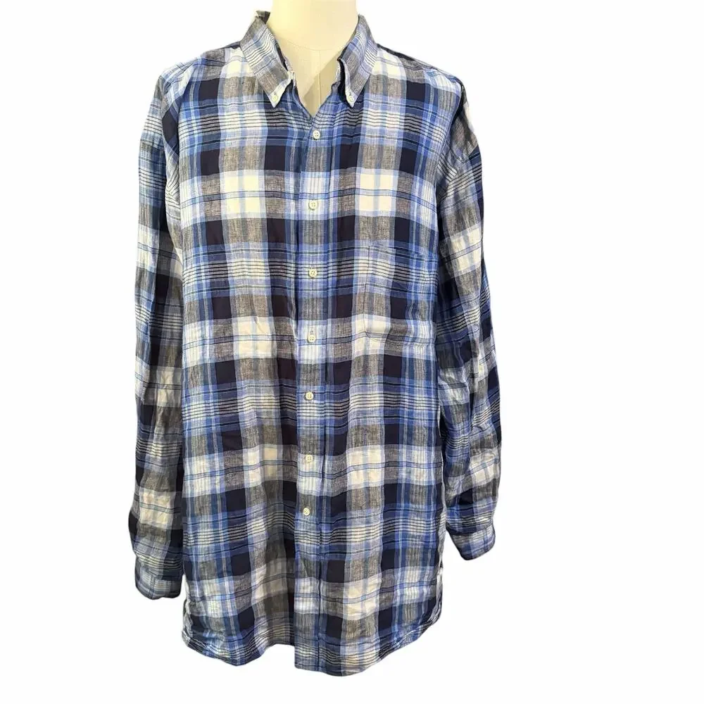 Ralph Lauren Men's Blue Plaid 100% Linen Button Down Sz 4XLT Preppy Classic - Picture 2 of 6
